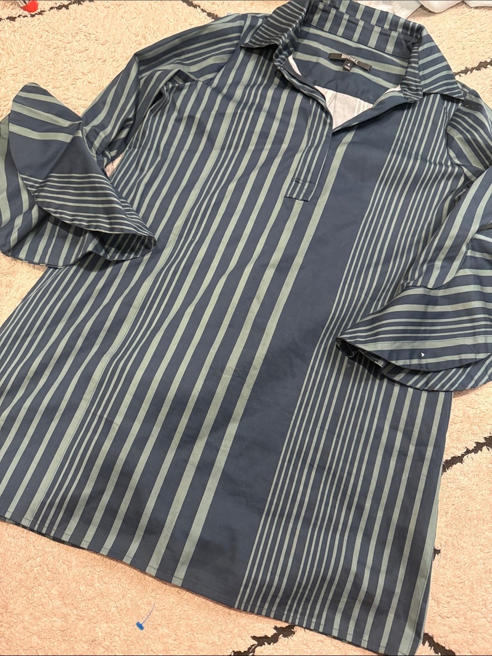 Badgley Mischka Navy and Sage Green Striped Casual Button-Down Shirt 4